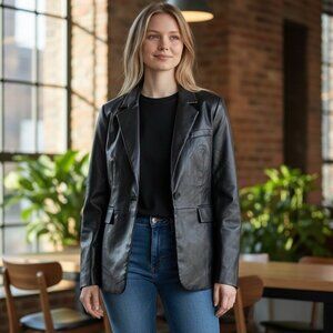 cAbi James Jacket Black Faux Leather Blazer Womens Small NWT Tailored Chic